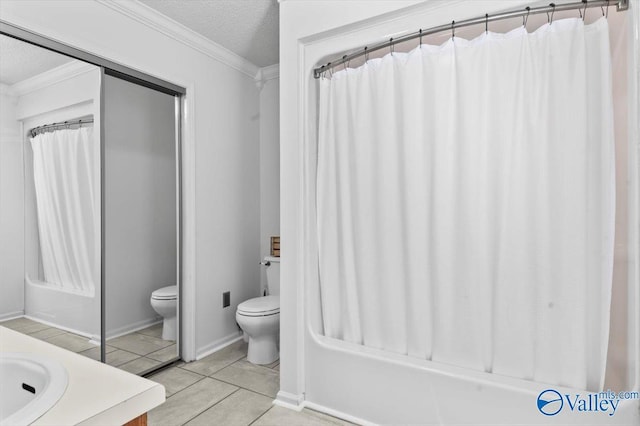 full bathroom featuring tile patterned floors, a textured ceiling, shower / bathtub combination with curtain, toilet, and ornamental molding