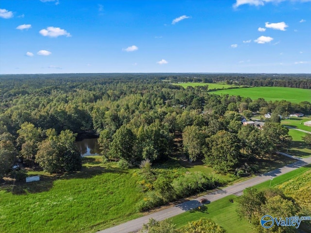 birds eye view of property featuring a forest view and a water view