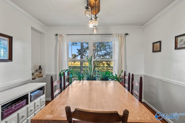 dining room with ornamental molding and a textured ceiling