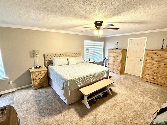 bedroom with a ceiling fan, baseboards, ornamental molding, a textured ceiling, and light colored carpet