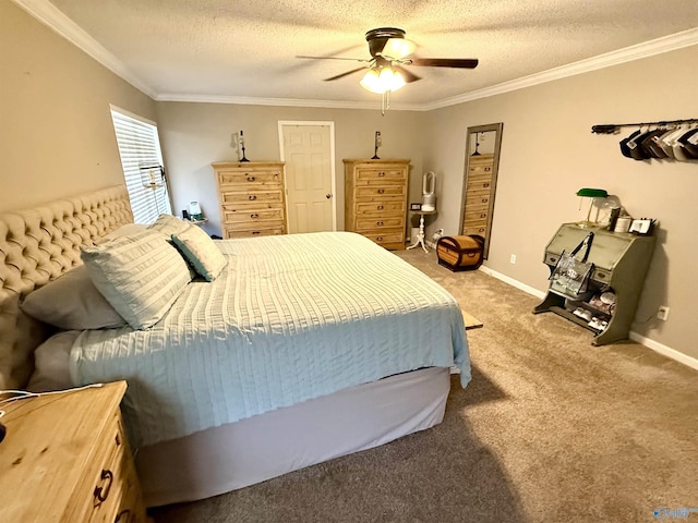 bedroom with carpet flooring, a textured ceiling, and crown molding