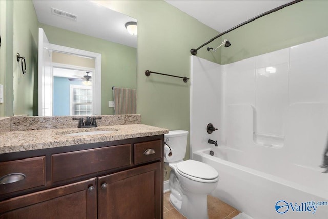 full bathroom featuring ceiling fan, tile patterned flooring, toilet, shower / tub combination, and vanity