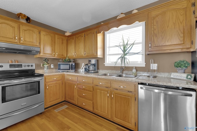 kitchen with light hardwood / wood-style floors, sink, stainless steel appliances, and extractor fan