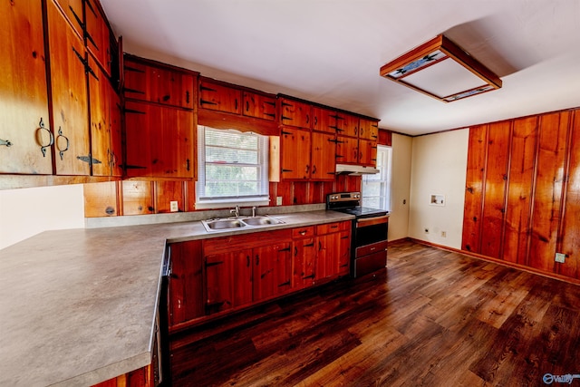 2551 Little Creek Rd, Arab, AL 35016 - kitchen with electric stove, under cabinet range hood, a sink, dark wood finished floors, and light countertops