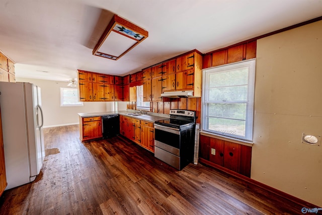 2551 Little Creek Rd, Arab, AL 35016 - kitchen with electric stove, white refrigerator with ice dispenser, black dishwasher, under cabinet range hood, and dark wood-style flooring