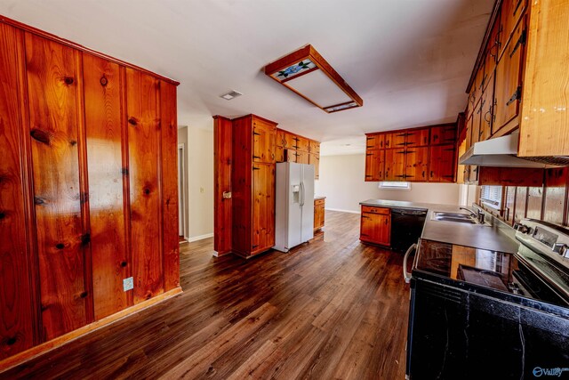 2551 Little Creek Rd, Arab, AL 35016 - kitchen featuring white fridge with ice dispenser, stainless steel electric range oven, a sink, under cabinet range hood, and dark wood finished floors