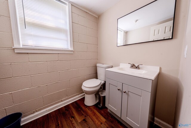 2551 Little Creek Rd, Arab, AL 35016 - bathroom with vanity, wood finished floors, toilet, and concrete block wall