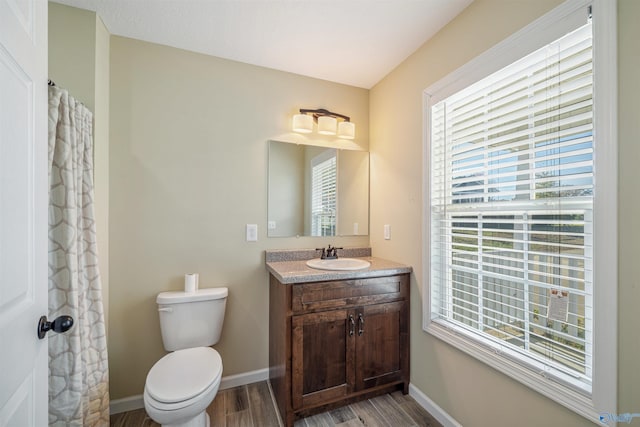 bathroom with hardwood / wood-style floors, vanity, and toilet