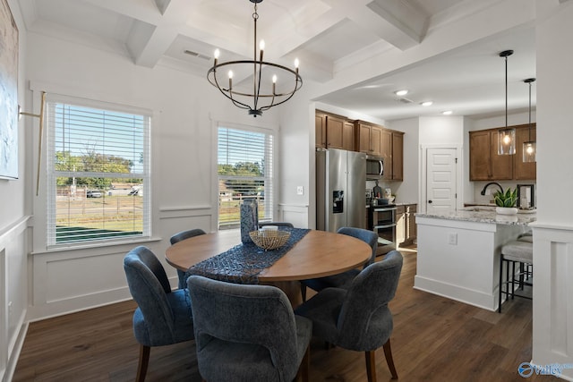 dining room featuring coffered ceiling, sink, beam ceiling, and dark wood-type flooring