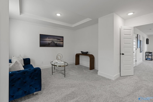 sitting room featuring a raised ceiling and carpet floors