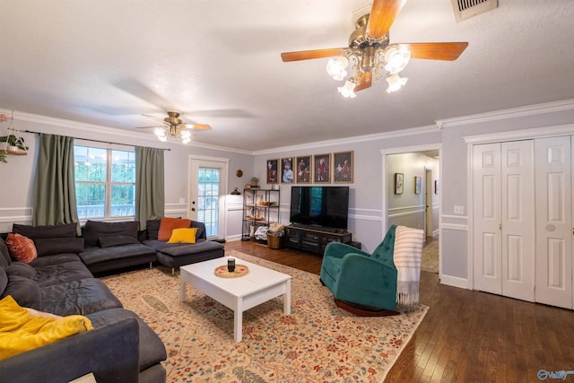 610 Grover Davis Rd, Hamilton, AL 35570 - living room featuring ceiling fan, hardwood / wood-style flooring, crown molding, and baseboards