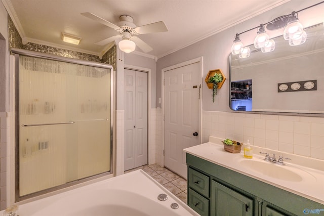610 Grover Davis Rd, Hamilton, AL 35570 - full bath with tile walls, a stall shower, ceiling fan, ornamental molding, and vanity