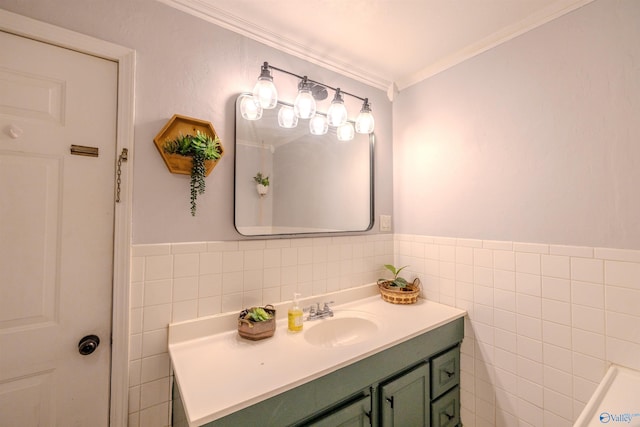 610 Grover Davis Rd, Hamilton, AL 35570 - bathroom with tile walls, vanity, ornamental molding, and wainscoting