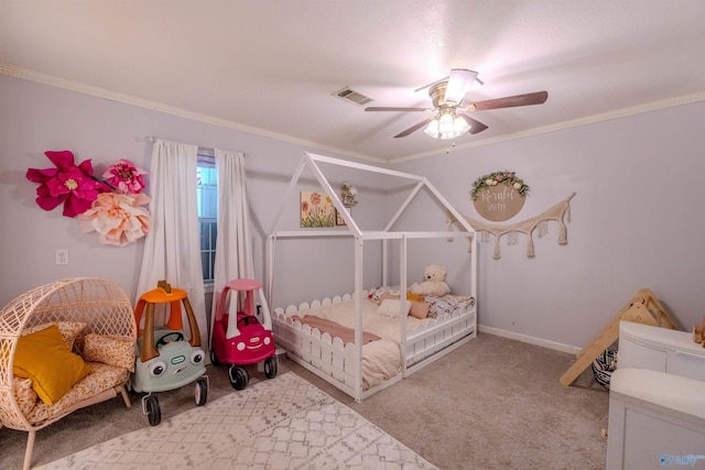 610 Grover Davis Rd, Hamilton, AL 35570 - carpeted bedroom featuring a ceiling fan, crown molding, and baseboards