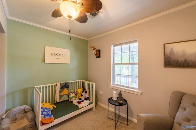 610 Grover Davis Rd, Hamilton, AL 35570 - bedroom featuring carpet flooring, ornamental molding, baseboards, and a ceiling fan