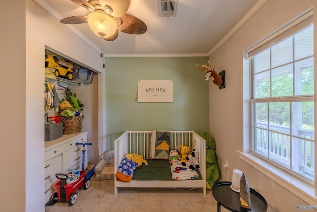 610 Grover Davis Rd, Hamilton, AL 35570 - bedroom featuring carpet floors, multiple windows, crown molding, ceiling fan, and a nursery area