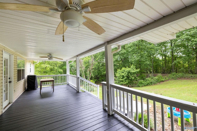 610 Grover Davis Rd, Hamilton, AL 35570 - wooden deck featuring a porch, ceiling fan, and a lawn
