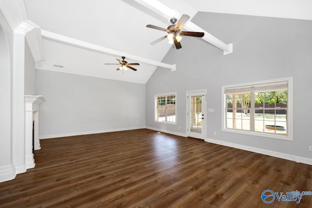 unfurnished living room with beam ceiling, dark wood finished floors, baseboards, ceiling fan, and high vaulted ceiling