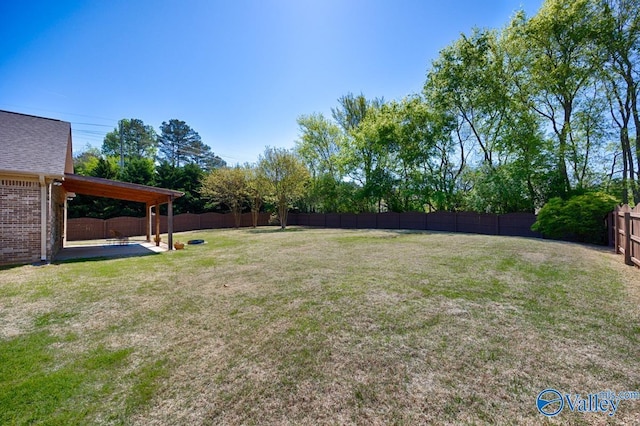 view of yard featuring a patio and a fenced backyard