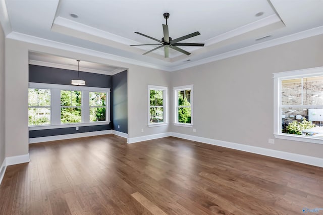 spare room with ornamental molding, dark hardwood / wood-style floors, ceiling fan, and a raised ceiling