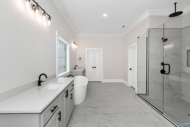 bathroom with shower with separate bathtub, vanity, and ornamental molding