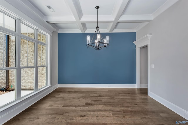 unfurnished dining area featuring beam ceiling, dark wood-type flooring, an inviting chandelier, and coffered ceiling