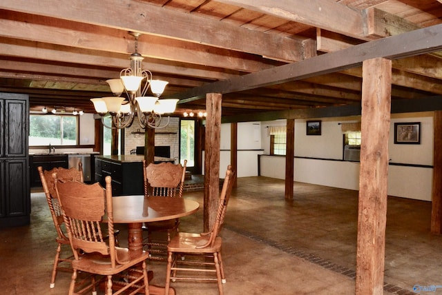 dining area with beamed ceiling, wood ceiling, brick wall, and an inviting chandelier