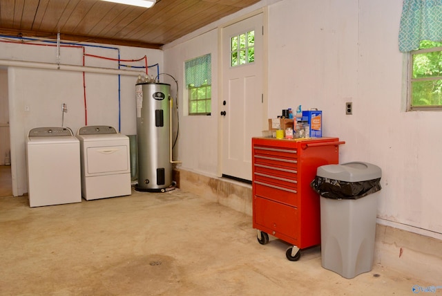 basement with electric water heater, washer and clothes dryer, and wooden ceiling