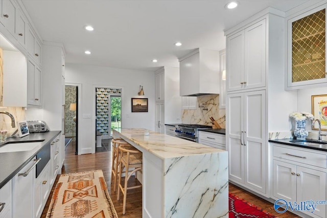 kitchen with high end stove, custom range hood, a sink, and a center island