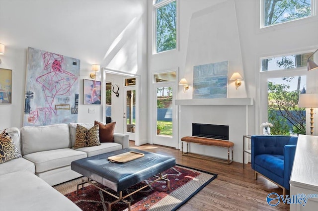 living area with a fireplace, wood finished floors, and a towering ceiling