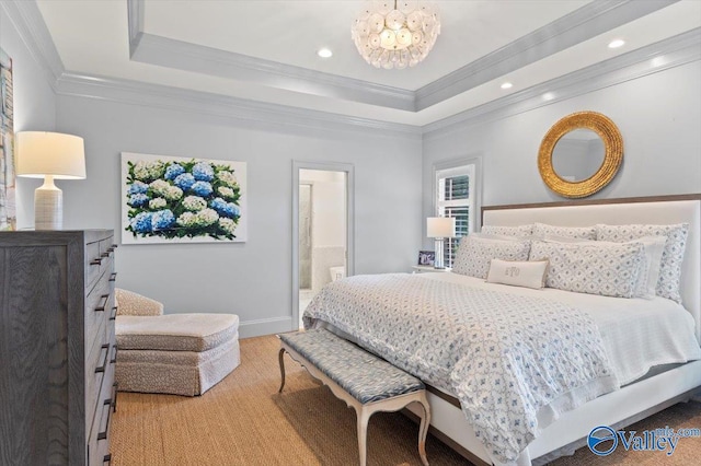 bedroom featuring baseboards, ornamental molding, a tray ceiling, a chandelier, and recessed lighting