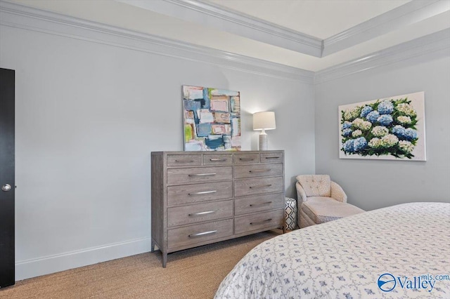 bedroom featuring ornamental molding, carpet flooring, and baseboards