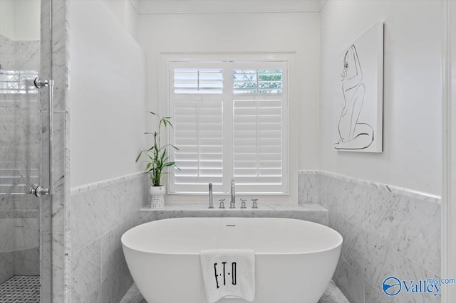 bathroom with a stall shower, a freestanding tub, tile walls, and wainscoting