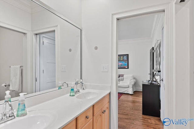 bathroom featuring double vanity, connected bathroom, ornamental molding, and a sink