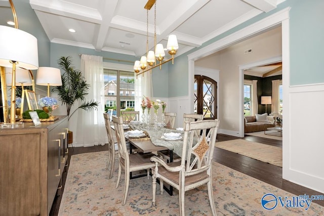 dining space featuring coffered ceiling, dark hardwood / wood-style floors, and beam ceiling