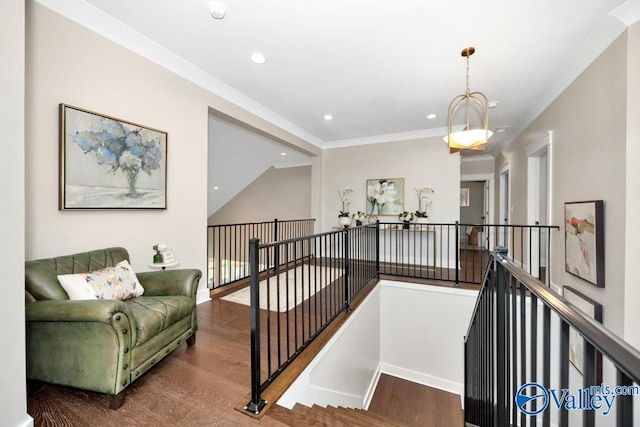 2106 Forest Gate SW, Huntsville, AL 35802 - stairway featuring baseboards, crown molding, wood finished floors, and recessed lighting