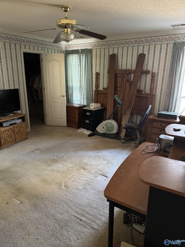 interior space with crown molding, ceiling fan, and a textured ceiling