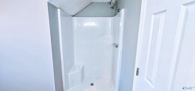 full bath with lofted ceiling, a textured ceiling, and walk in shower