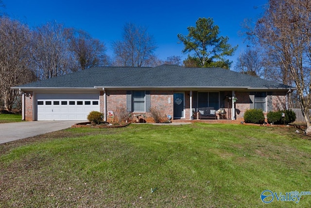 ranch-style home with an attached garage, brick siding, driveway, and a front lawn