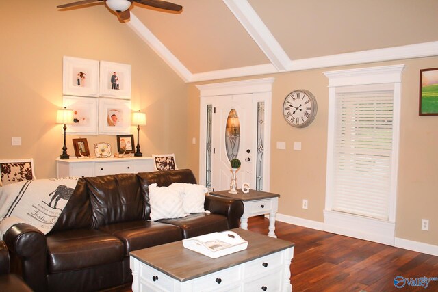 living room featuring ceiling fan, dark hardwood / wood-style floors, and lofted ceiling with beams