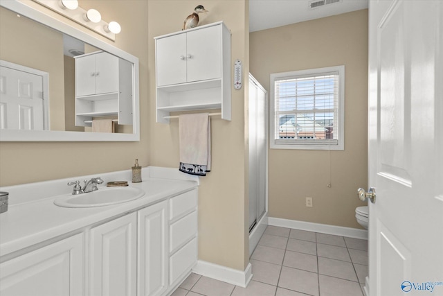 bathroom featuring tile patterned flooring, vanity, an enclosed shower, and toilet