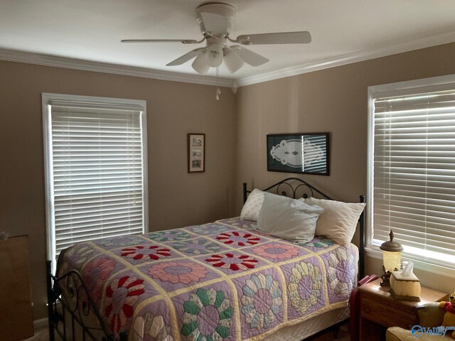 bedroom with multiple windows, ceiling fan, and crown molding