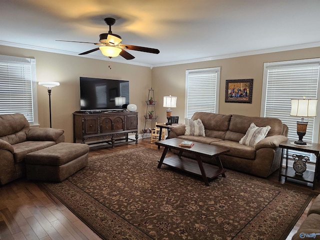 809 Kyle Rd NE, Hartselle, AL 35640 - living room featuring a ceiling fan, wood finished floors, and crown molding