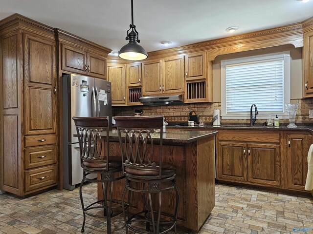 809 Kyle Rd NE, Hartselle, AL 35640 - kitchen with freestanding refrigerator, brick patterned flooring, a sink, and extractor fan