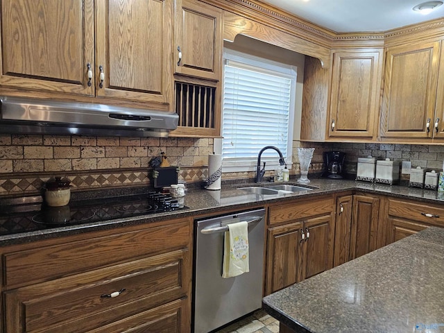 809 Kyle Rd NE, Hartselle, AL 35640 - kitchen featuring stainless steel dishwasher, a sink, under cabinet range hood, tasteful backsplash, and black electric stovetop