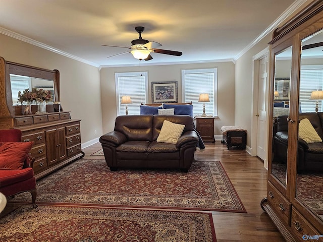 809 Kyle Rd NE, Hartselle, AL 35640 - living area featuring crown molding, a ceiling fan, dark wood finished floors, and baseboards