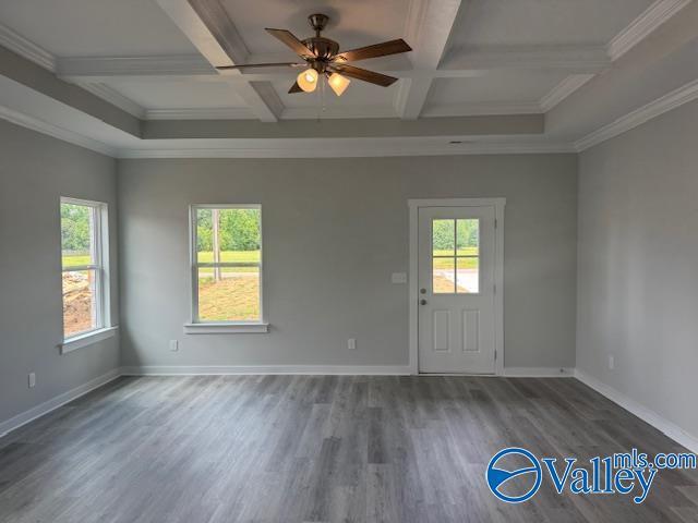 17194 Red Hill Rd, Athens, AL 35611 - empty room featuring wood finished floors, coffered ceiling, beam ceiling, ceiling fan, and crown molding