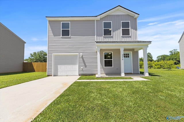 traditional home with covered porch, board and batten siding, a front yard, a garage, and driveway