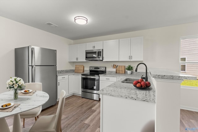 kitchen with a peninsula, a sink, white cabinetry, appliances with stainless steel finishes, and light wood finished floors