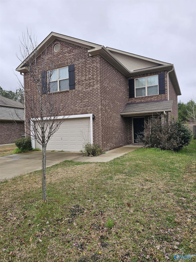 traditional home with brick siding, an attached garage, driveway, and a front lawn